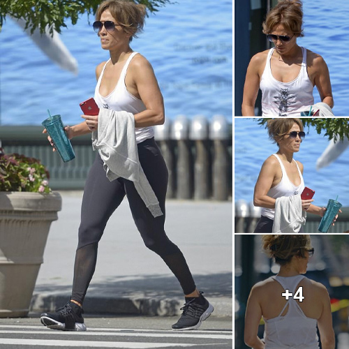 Jennifer Lopez flaunts her figure in snug exercise attire showcasing her ample chest